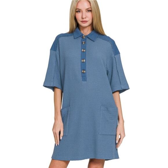 Zenana Waffle Half-Button Dress with Pocket